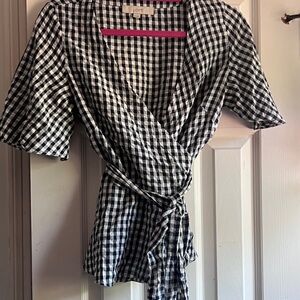 LOFT Gingham Checkered Wrap Blouse